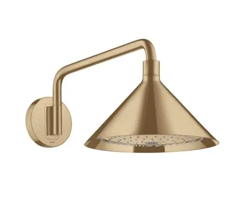 Wandmontierte Duschkopfanordnung aus gebürstetem Bronze mit konischem Kopf und flexiblem Arm. Logo der Marke AXOR sichtbar.